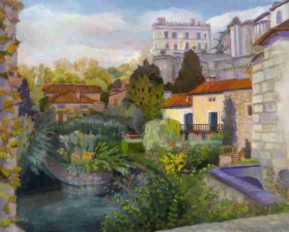 Oil painting, France, historic town, castle, Dordogne, Bonnie Mincu