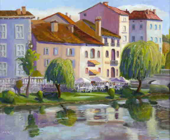 Brantome riverbank, France, oil painting, Bonnie Mincu