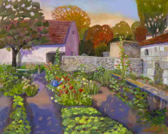 French village garden, Dordogne, oil painting, Bonnie Mincu