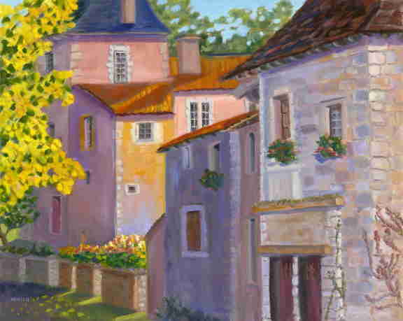 French village, oil painting, sun and shadow, Bonnie Mincu