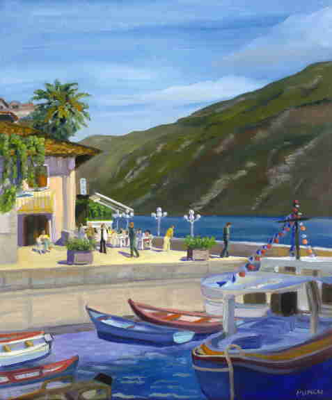 oil painting, Italian Lakes, dock, boats, Bonnie Mincu