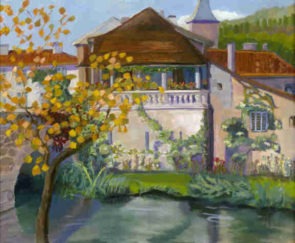 Brantome, French village oil painting by Bonnie Mincu