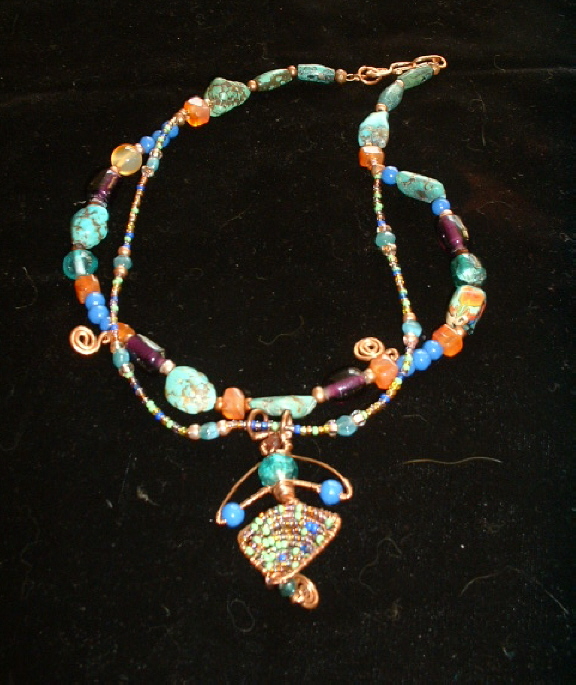 Bonnie Mincu's seed bead pendant with turquoise, blue and copper